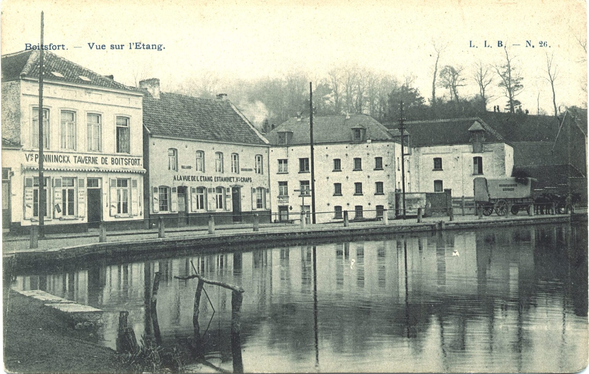 Le moulin de Boitsfort en bordure du grand étang. Carte postale vers 1905.