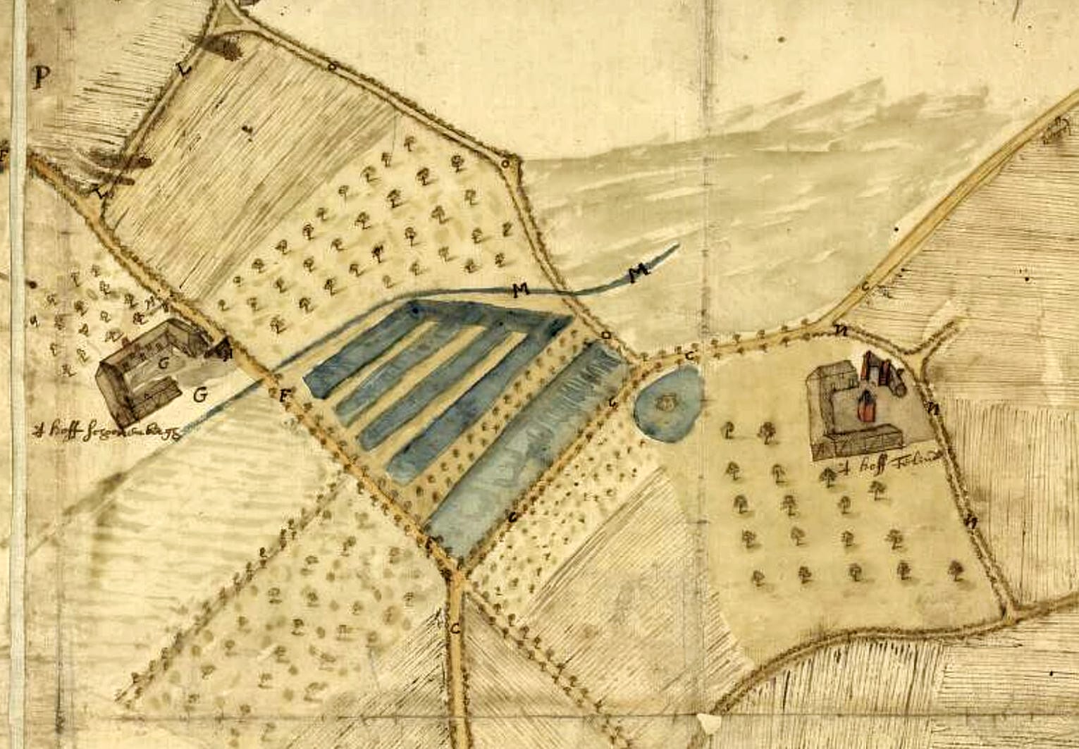 Extrait de la carte des biens des fermes Ter Linden et Ter Schoonenberg dressée en 1716 par E. de Mesmaker
