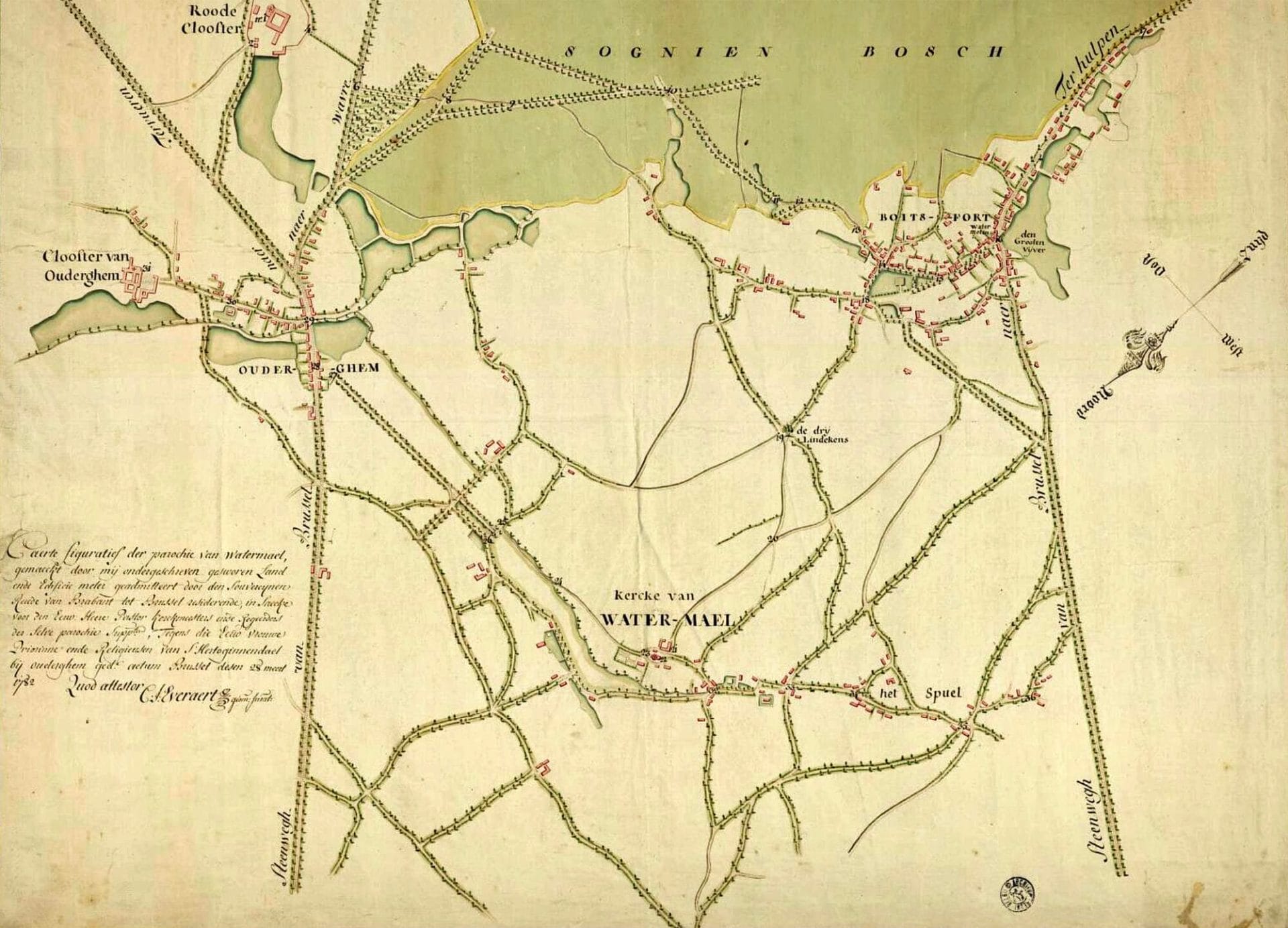 La paroisse de Watermael - Carte dressée par Everaert (1782)- Le sud est au-dessus (AGR C et Pl man. 2401)
