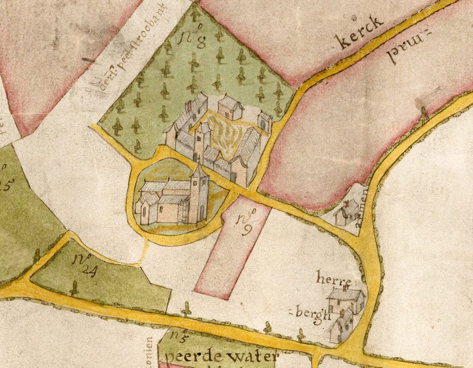 L'église saint-Clément et la ferme Hof te Wezembeke - Extrait de la carte réalisée par Judocus De Deken (1708)