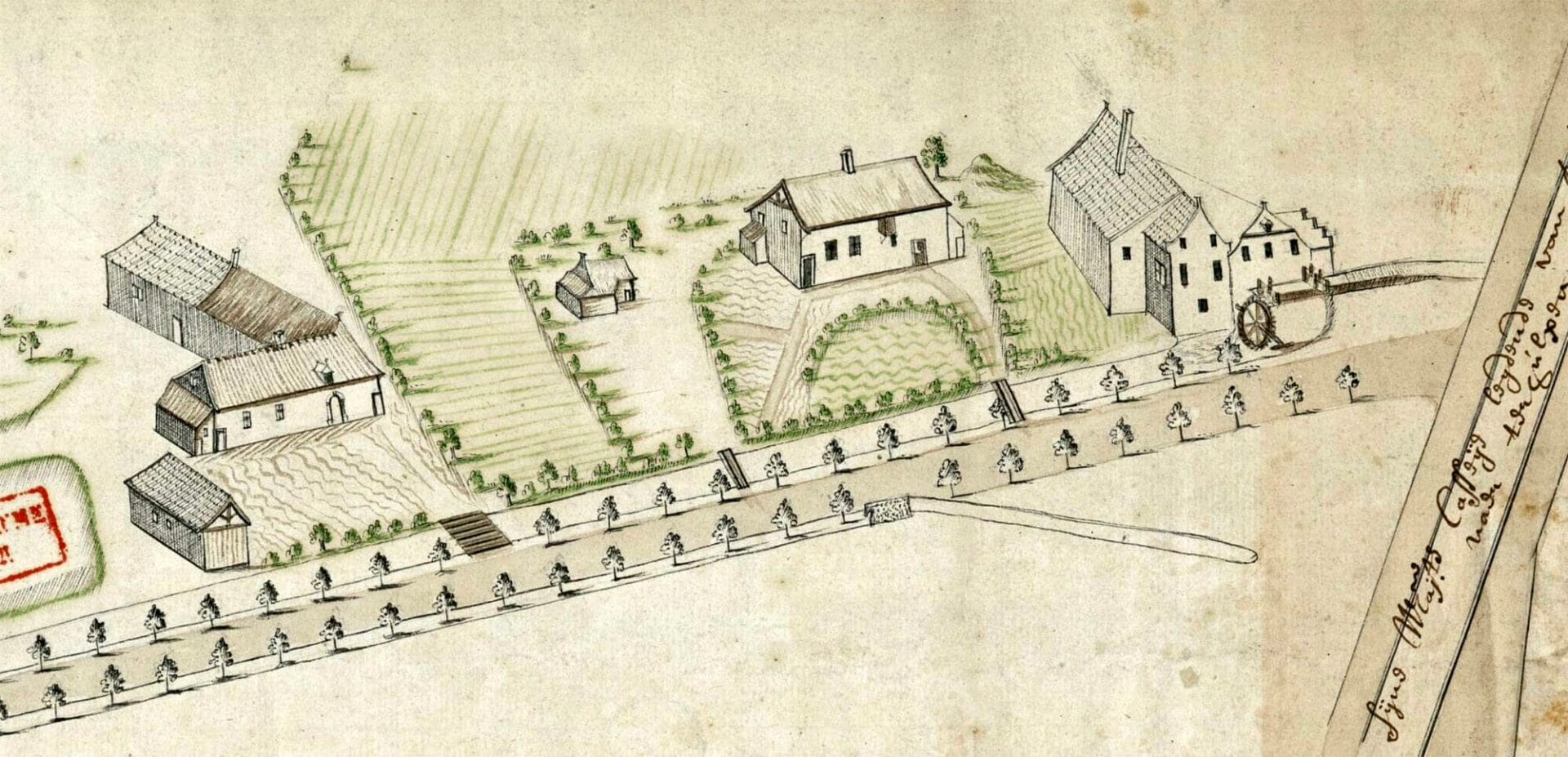Le moulin de Boitsfort. Extrait de la carte de la route du château à l'étang de Boitsfort, dressée par A.-D. De Bruyn 1721.