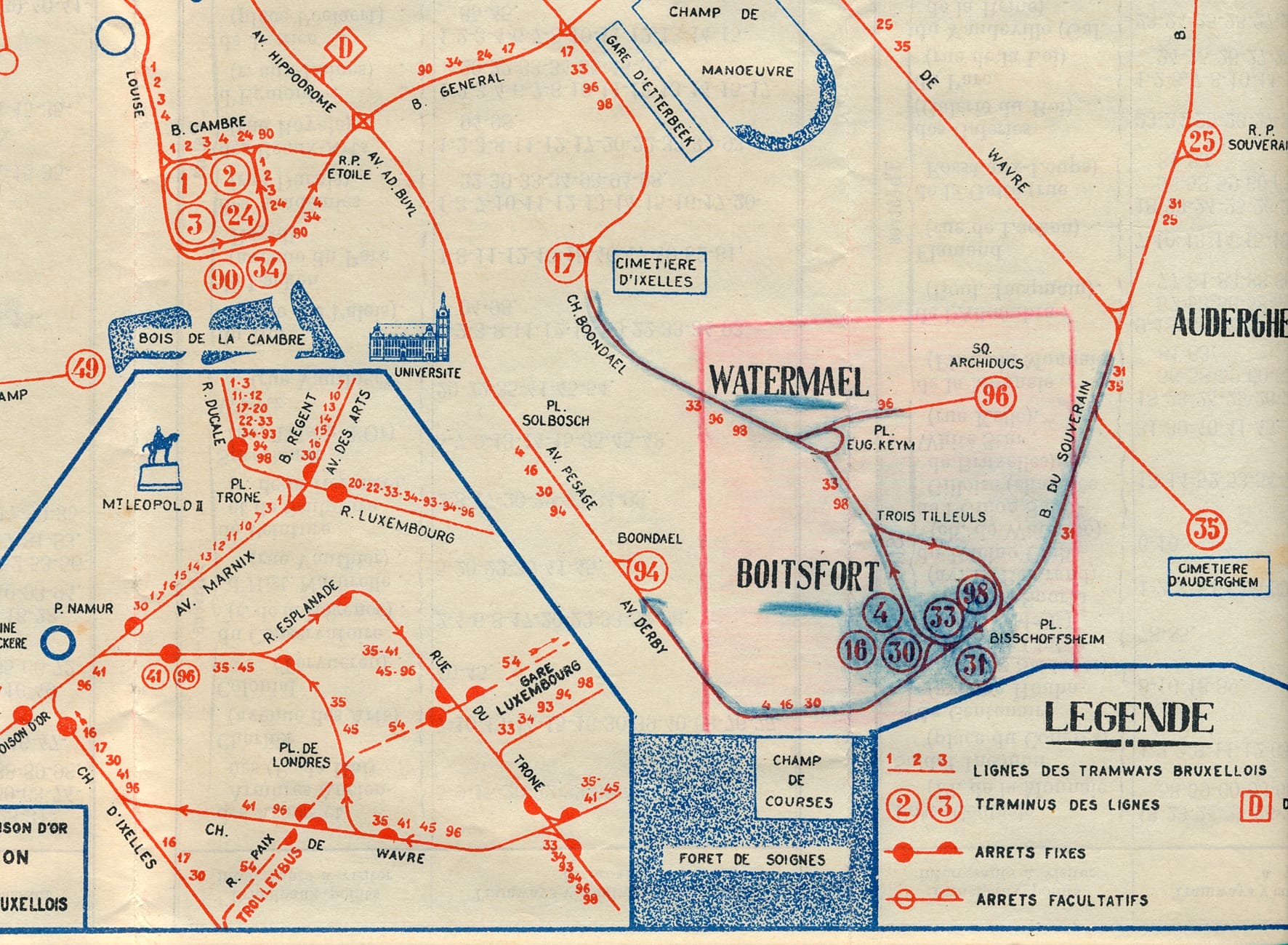 Plan des lignes de tram aboutissant à Watermael et à Boitsfort en 1941.