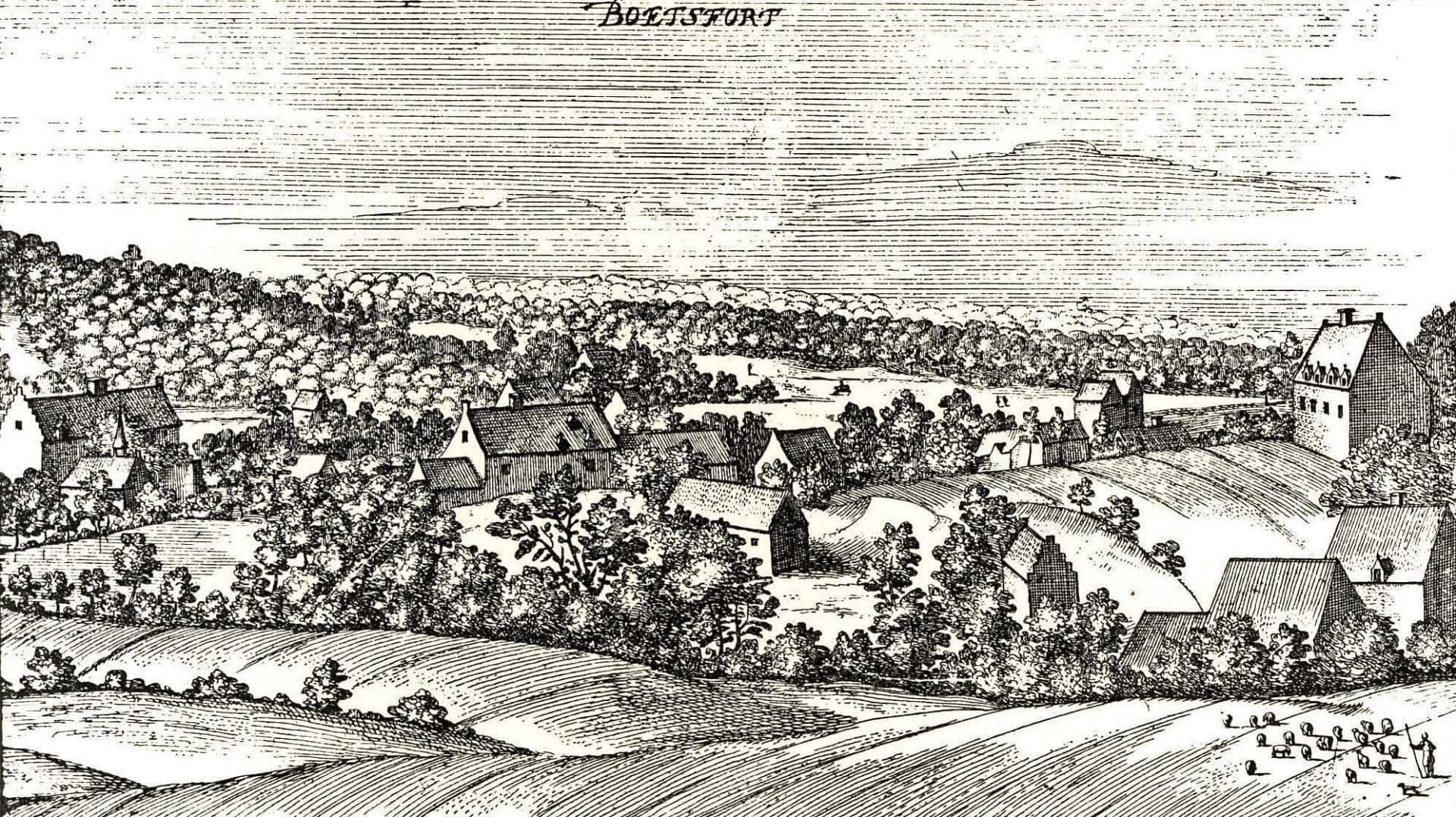 Vue de Boitsfort. A gauche, le château et la chapelle de Saint-Hubert, à droite, la ferme de Duras - Gravure de Sanderus 1659.