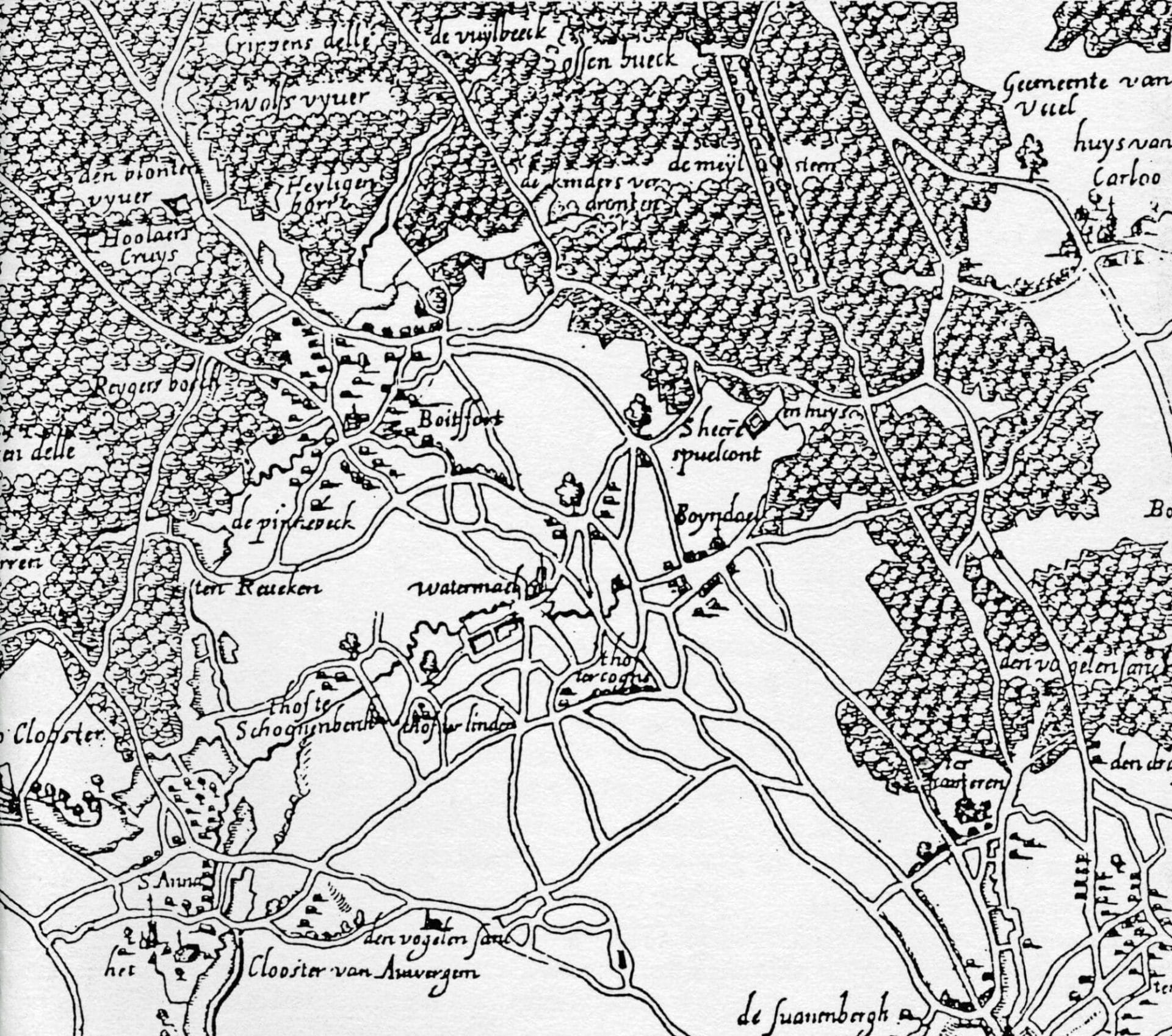 Extrait de la carte de la forêt de Soignes par I. Van Weerde, gravée en 1659 par L. Vorstermans jr.