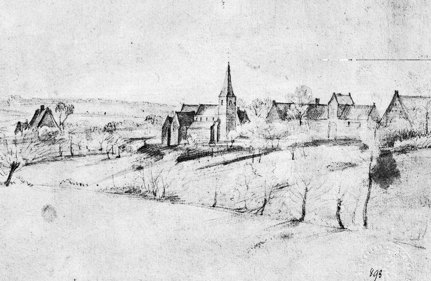 Watermael - L'église Saint-Clément (avant sa transformation) et la ferme de Wezembeke encore dans leur environnement rural - Dessin vers 1820.