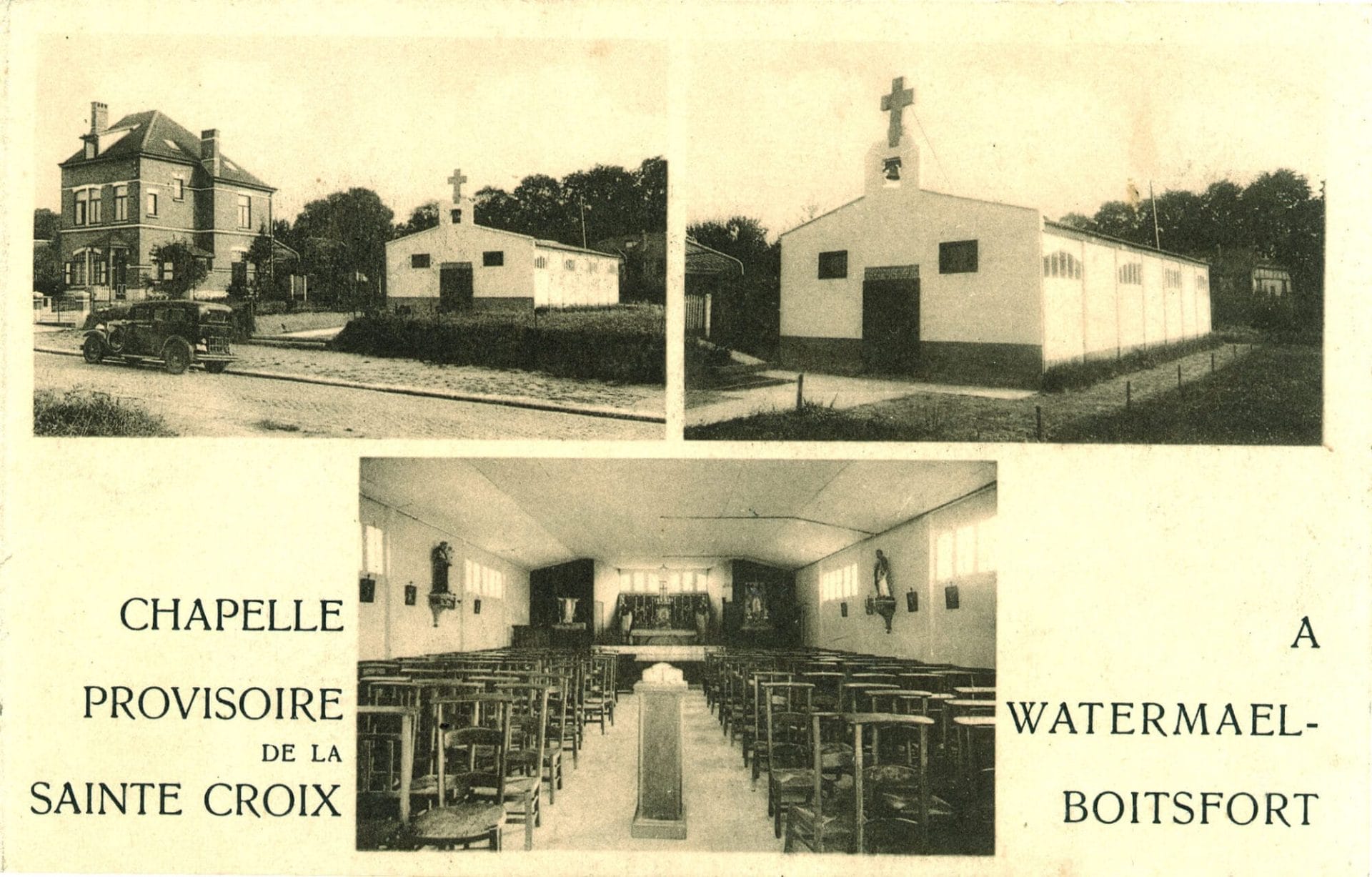 La chapelle provisoire Sainte-Croix construite en 1934, démolie en 1937, pour desservir le nouveau quartier de La Futaie - Carte postale, vers 1935. 