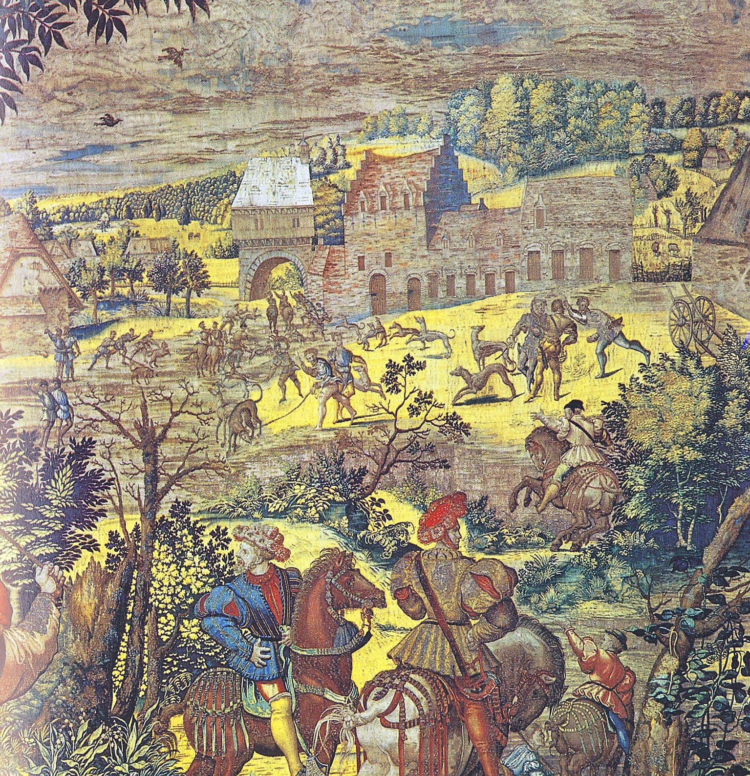 Les chasseurs (veneurs) et les meutes de chiens devant le château de la Vénerie vers 1530. Tapisserie Les Chasses de Maximilien, mois d'avril (d'après un carton de B. Van Orley).