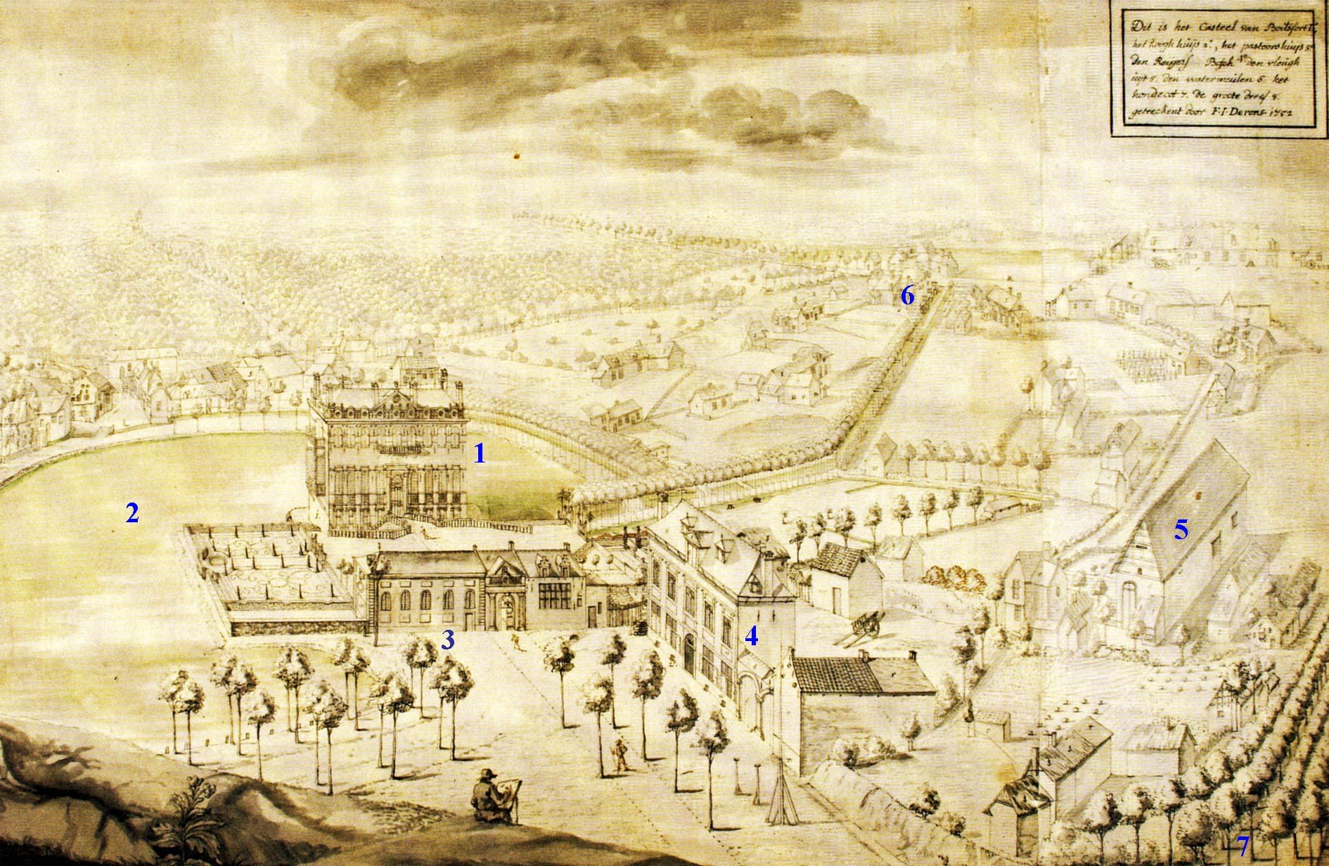 Le centre de Boitsfort tel que l’a représenté en 1752 le paysagiste bruxellois Ferdinand-Joseph Derons (1700-1762). Si cette gravure présente des imperfections, notamment en ne respectant pas les proportions des bâtiments qui sont trop élevés, elle offre une image intéressante des lieux. L’artiste se trouve au nord de la place Gilson et tourne le dos à l’av. G. Benoidt. 
On distingue notamment : (1) le château de la Vénerie partiellement entouré par l’étang (2) au niveau de l’actuelle place L. Wiener, la chapelle Saint-Hubert (3) détruite en 1840 pour laisser la place à la Villa (future Maison communale), la Maison Haute (4), la grange aux toiles (5) qui se trouvait sur le Jagersveld, le moulin de Boitsfort (6) à l’angle de la rue Middelbourg et la chaussée de La Hulpe,  la drève du Duc (7).
 (Archives d’Arenberg, Enghien, 26 CIV n4). 