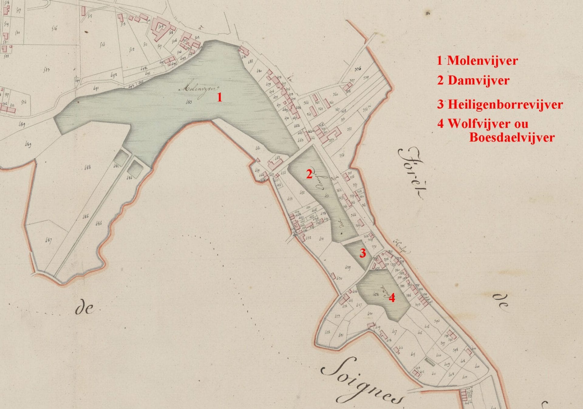 Les étangs du Coin du Balai. Seul le grand étang de Boitsfort (le Molenvijver) existe encore de nos jours. Les trois autres ont progressivement disparu au cours du XIXème siècle.