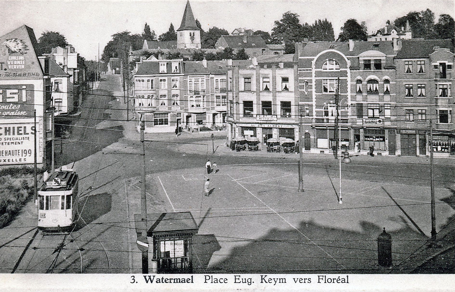 Le tram 96 arrive à la place Keym venant du Logis-Floréal - Carte postale, années 1940-50.