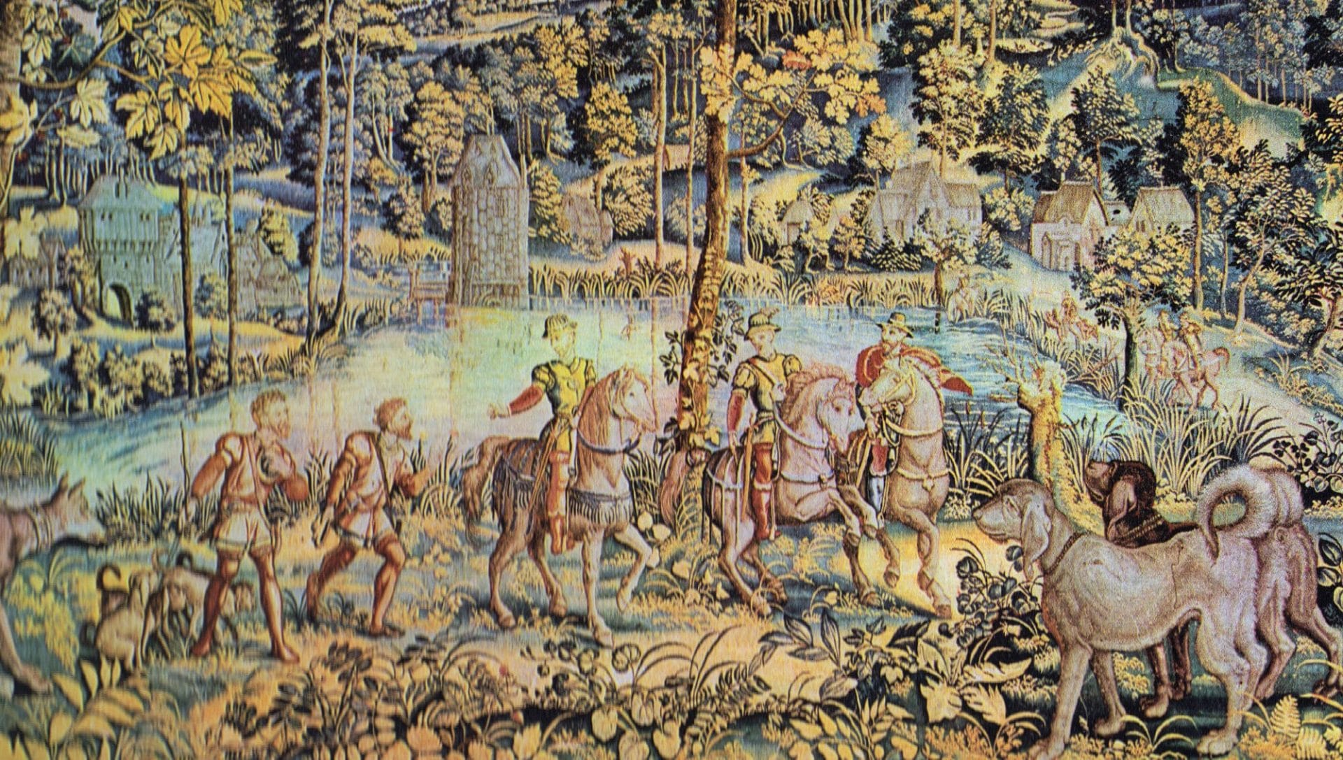 Le rendez-vous de chasse (vers 1555). Tapisserie représentant un groupe de cavaliers rassemblés pour la chasse à courre devant un étang avec, sur la gauche, des constructions qui pourraient appartenir au château de Boitsfort. Le carton dont elle s'inspire rappelle les paysage du peintre flamand Van Cooninxloo.