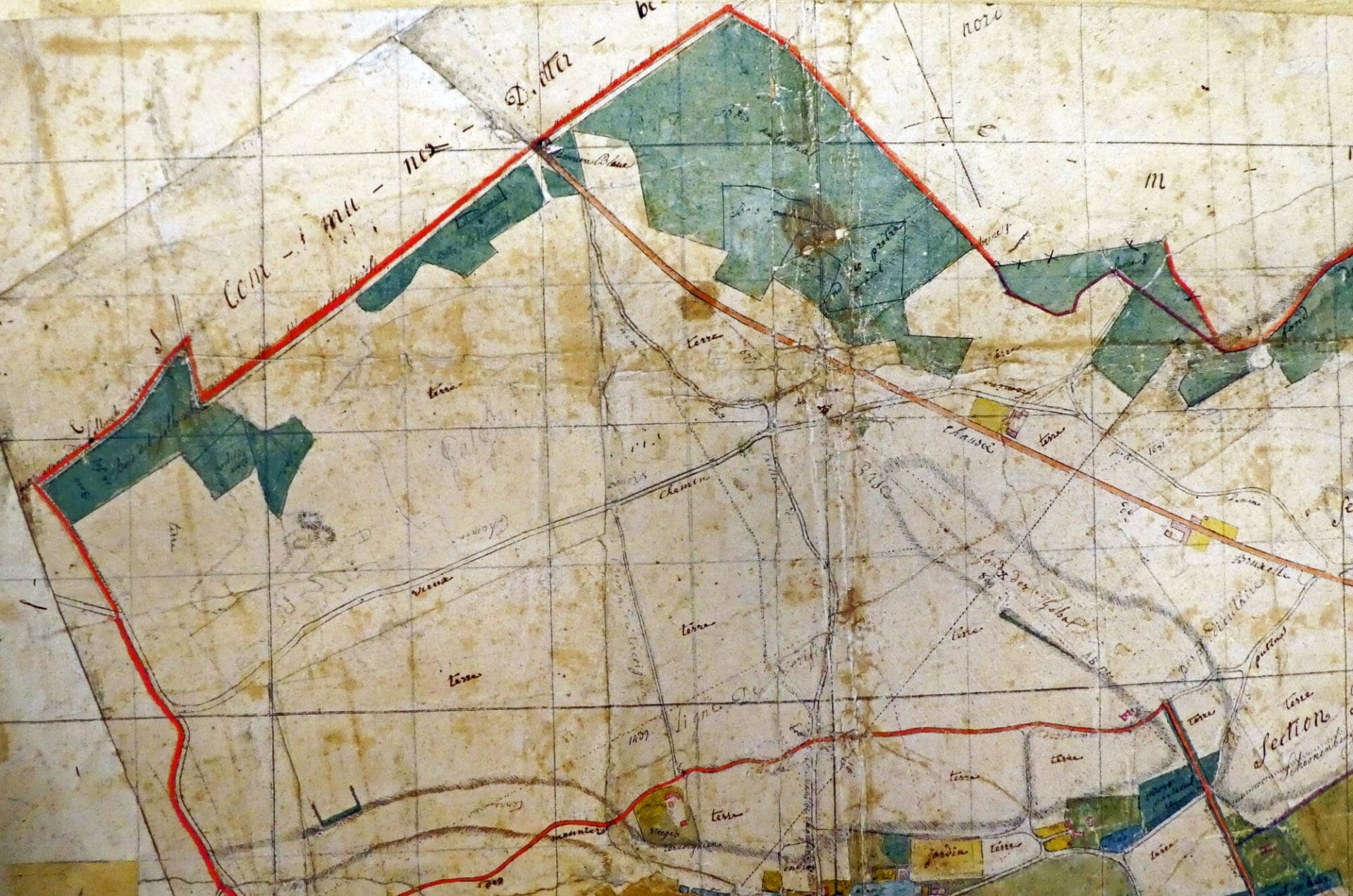 Plan de Watermael en 1807 (Dépôt de Bruxelles des Archives générales du Royaume). Agrandissement du nord-ouest de la commune. En bas, au milieu, la ferme Tercoigne.