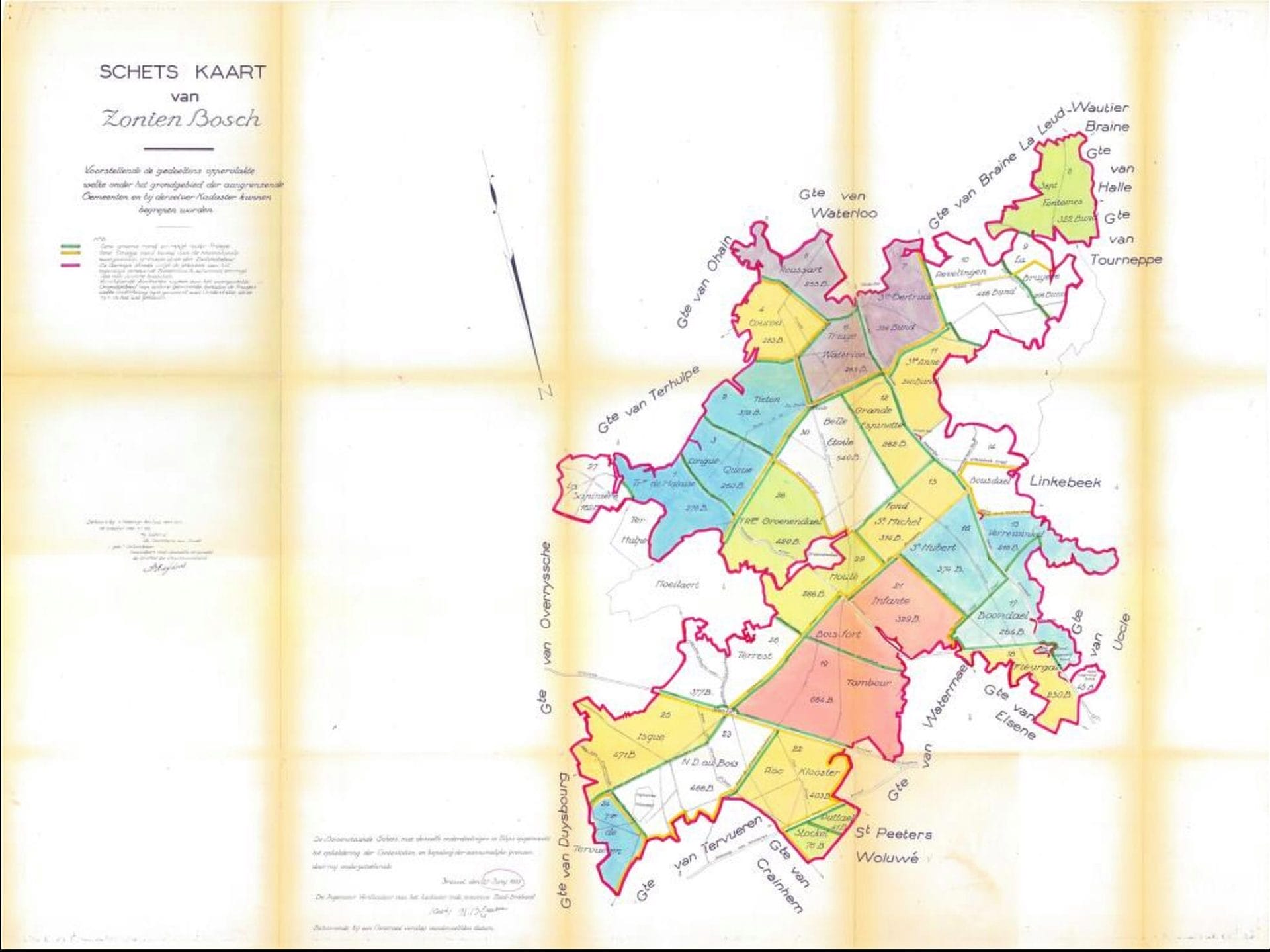 Carte de la division de la forêt de de Soignes en triages et de leur répartition entre les communes contiguës (1825) (AGR).